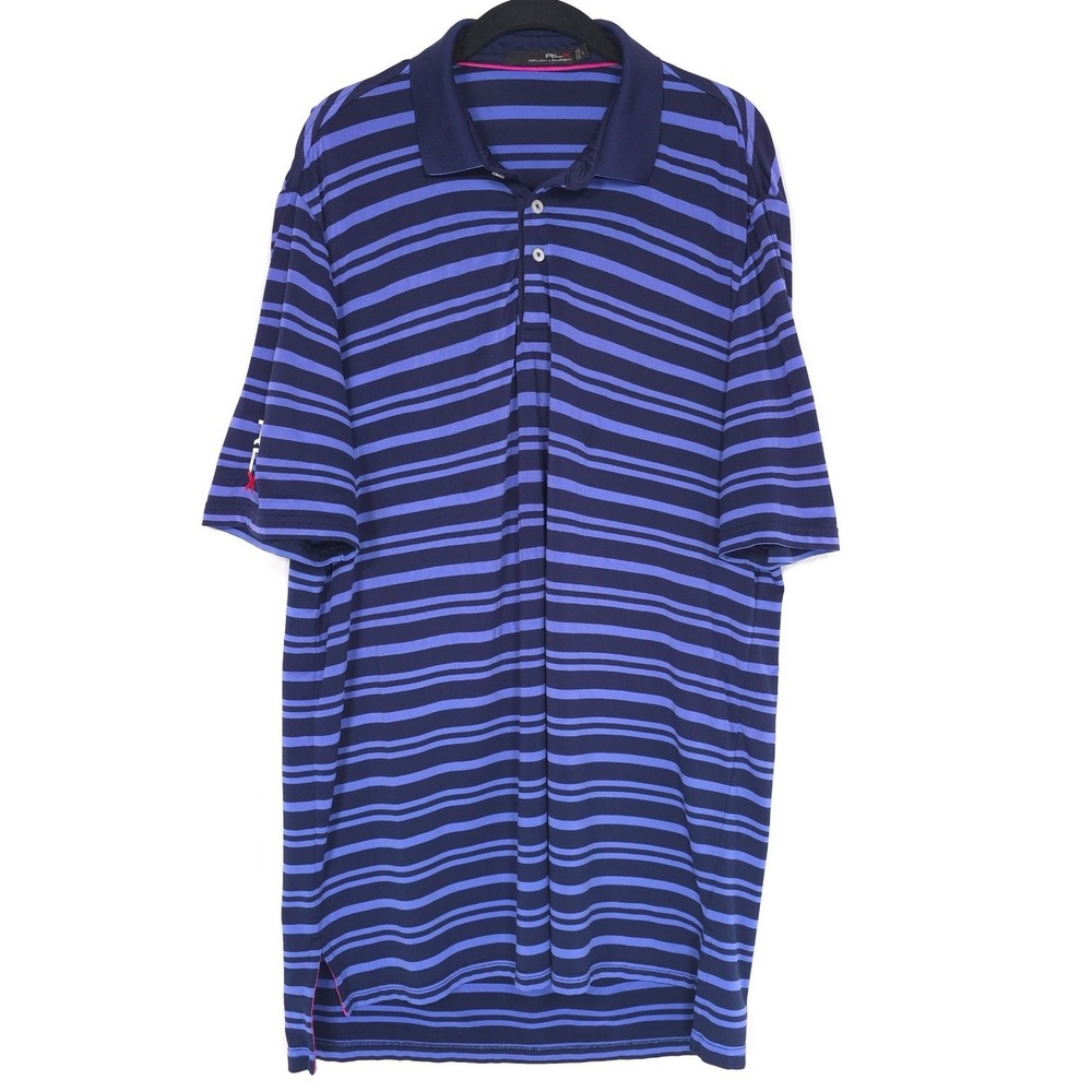 RALPH LAUREN RLX Men's LARGE Polo Shirt Striped Navy Purple Golf Casual